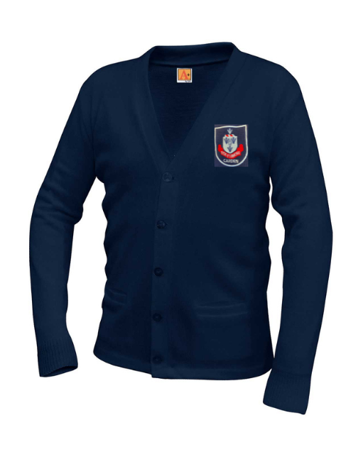 V-Neck Cardigan Sweater with Carden Memorial logo- Embroidered