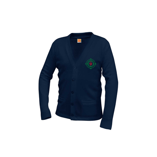 Navy V-Neck Cardigan with St. Margaret Mary Logo-Embroidered