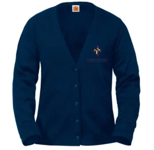 Navy Christ the King V-Neck Cardigan Sweater logo