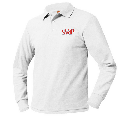 White St. Vincent De Paul Long Sleeve Jersey Polo with Logo