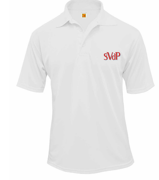 White St. Vincent de Paul Short Sleeve Jersey Polo with logo