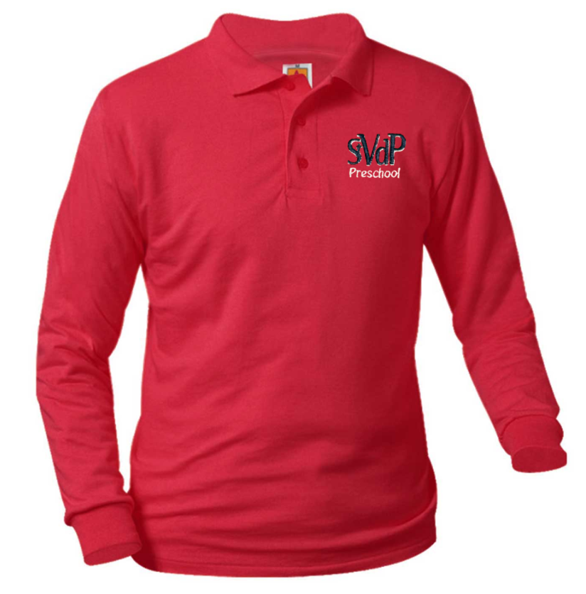 Red St. Vincent de Paul Long Sleeve Jersey Polo with Preschool Logo