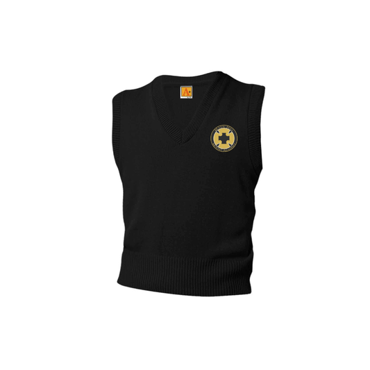 Black V-Neck Sweater Vest with Maur Hill- Mount Academy embroidered logo