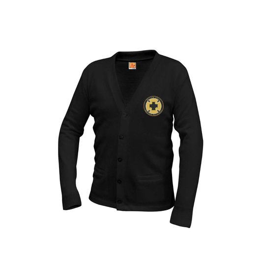 Black V-Neck Button Down Cardigan with Maur Hill- Mount Academy embroidered logo